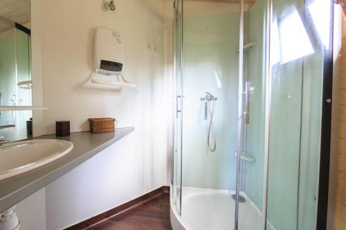 uma casa de banho com uma cabina de duche em vidro e um lavatório. em Les Chalets de Pierretoun em Labastide-Clairence