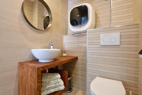 une salle de bain avec un lavabo et un miroir et des toilettes dans l'établissement Studio Elly, à Cannes