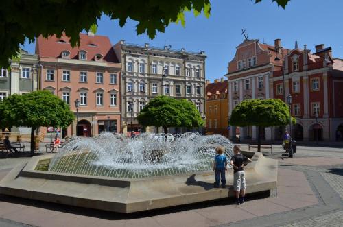 瓦烏布日赫的住宿－ART mieszkanie blisko dworca PKP Walbrzych Miasto，两个人站在城市喷泉前