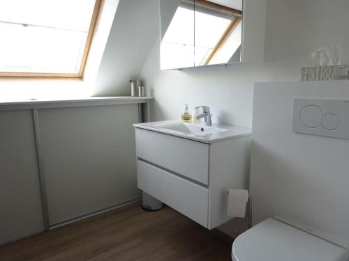 een badkamer met een wastafel en een toilet en een raam bij Zonnig appartement in Nieuwpoort