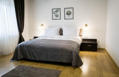 a bedroom with a large bed with two night stands at Nest in Drobeta-Turnu Severin