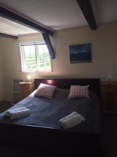 ein Schlafzimmer mit einem großen Bett mit zwei Kissen in der Unterkunft Ferienhaus bei Plön in Kleinmeinsdorf