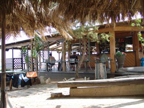 ヴィッラプッツにあるLe Residenze di Porto Coralloの藁屋根のベンチ付きレストラン