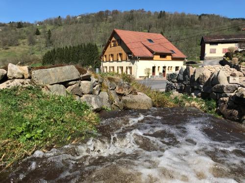 une rivière avec une maison en arrière-plan dans l'établissement Chez Jeanmyvonne, à La Bresse