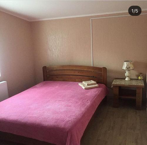 イズマイールにあるGuest House Na Suvorovaのベッドルーム1室(ピンクの毛布付きのベッド1台付)