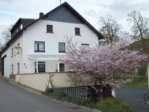 une maison blanche avec un arbre à fleurs devant elle dans l'établissement Gästehaus Neises, à Minden