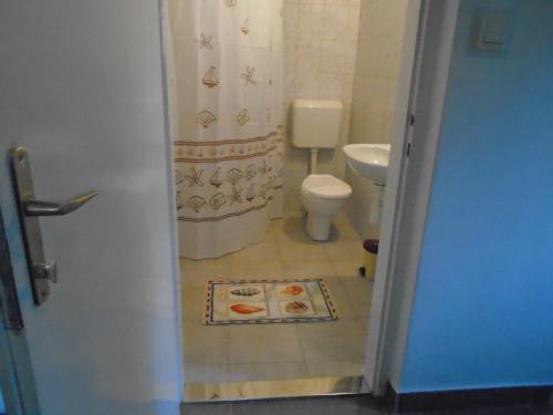 a bathroom with a toilet and a shower curtain at Privát Szállás Miskolctapolca in Miskolctapolca