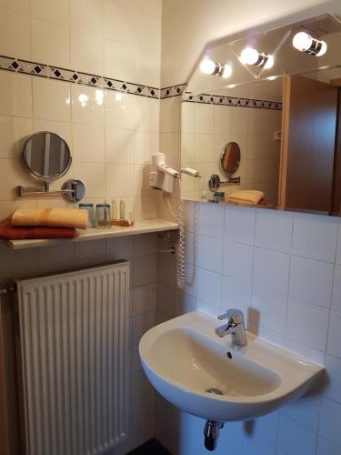 a bathroom with a sink and a mirror at Altstadt Hotel Peiß in Stralsund