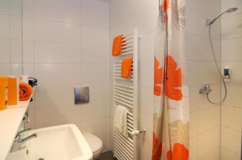 a bathroom with a shower and a toilet and a sink at Gasthof-Hotel Maintal in Bad Staffelstein