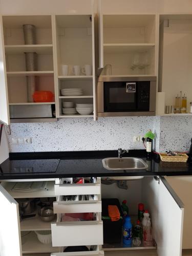 a kitchen with a sink and a microwave at Apartamentos Villajovita in Ceuta