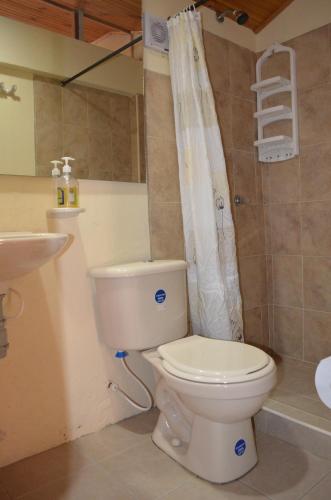 a bathroom with a toilet and a sink at Hostal La Candelaria in Bogotá