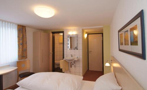 a hotel room with a bed and a bathroom at Hotel Haus am Berg in Trier
