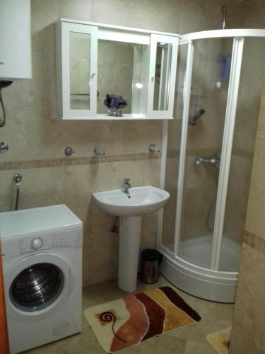 uma casa de banho com um chuveiro, um lavatório e uma máquina de lavar roupa em Aleksandra em Bečići
