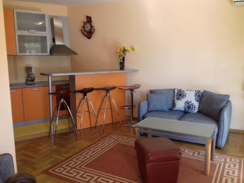 ein Wohnzimmer mit einem Sofa und einer Küche in der Unterkunft Aleksandra in Becici