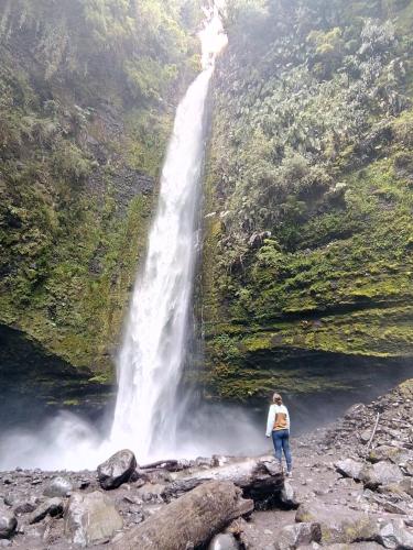 a person standing in front of a waterfall at Hamilton's Place Bed and Breakfast in Ensenada