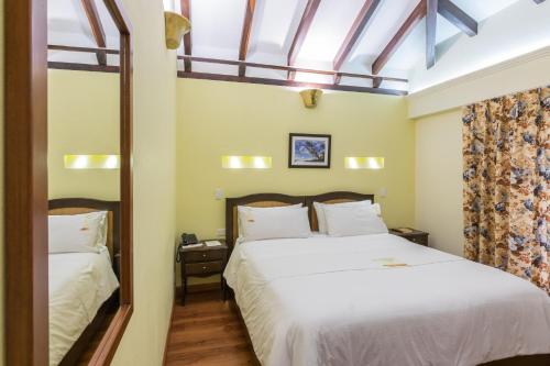 a bedroom with a large white bed and a mirror at La Casa Del Arbol Hotel Boutique Villa de Leyva in Villa de Leyva
