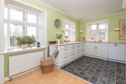 a kitchen with green walls and white cabinets and windows at 300m2 entire house with 3 bedrooms in Tistrup