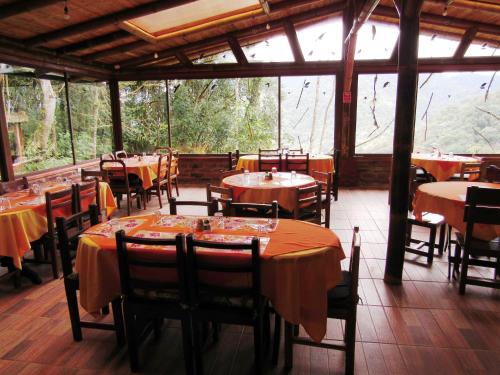 Tandayapa的住宿－Bellavista Cloud Forest Lodge & Private Protected Area，用餐室设有桌椅和窗户。