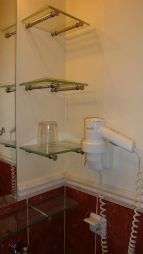 a bathroom with a toilet and some glass shelves at StadtHotel Passau in Passau