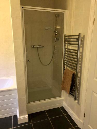 a shower with a glass door in a bathroom at Pinewood B&B in Saundersfoot