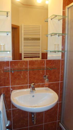 a bathroom with a sink and a mirror at StadtHotel Passau in Passau