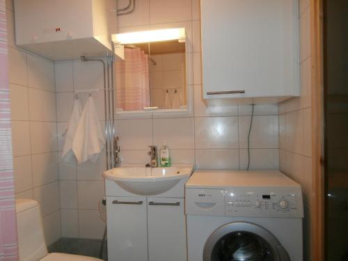 Un baño con lavabo y lavadora. en Huoneistohotelli Nallisuites, en Oulu