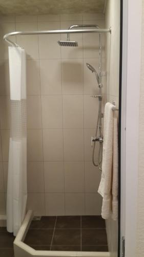 een badkamer met een douche en witte handdoeken bij Yerevan Center Studio Apartment in Jerevan