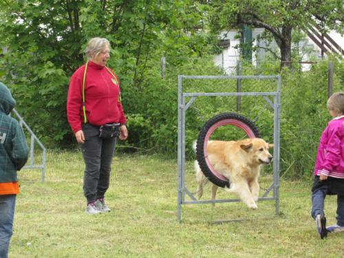 a woman watching a dog jumping over a tire at Agriturismo La Casa sul Poggio in Santo Stefano dʼAveto