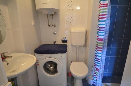 a small bathroom with a washing machine and a sink at Apartman Terzić in Rovinj