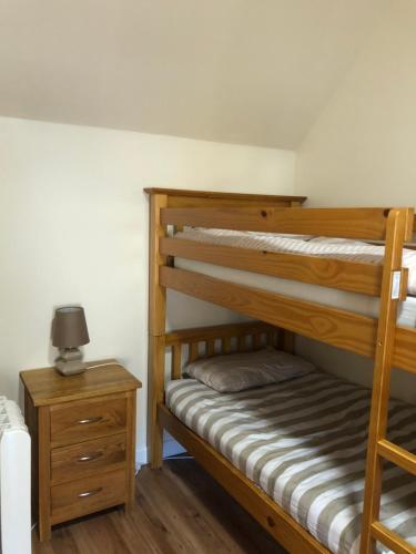 a bedroom with two bunk beds and a night stand at 1 Lochness Rooms&Hostel in Drumnadrochit