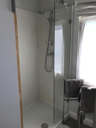 a shower with a glass door in a bathroom at B&B Villa Chantecler in Bruges