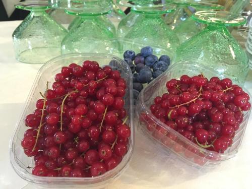 two plastic containers of cherries and blueberries on a table at Albergo Sapori in Tolè