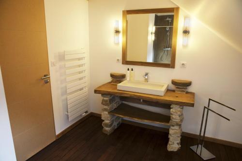 a bathroom with a sink and a mirror at Maison d'hôtes & SPA La Scierie in Salins-les-Bains