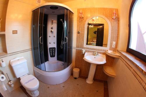 a bathroom with a shower and a toilet and a sink at Wynajem Pokoi in Krynica Zdrój