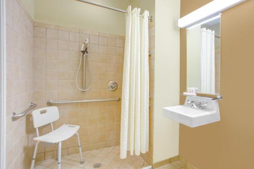 a bathroom with a shower and a sink at Microtel Inn & Suites by Wyndham Harrisonburg in Harrisonburg