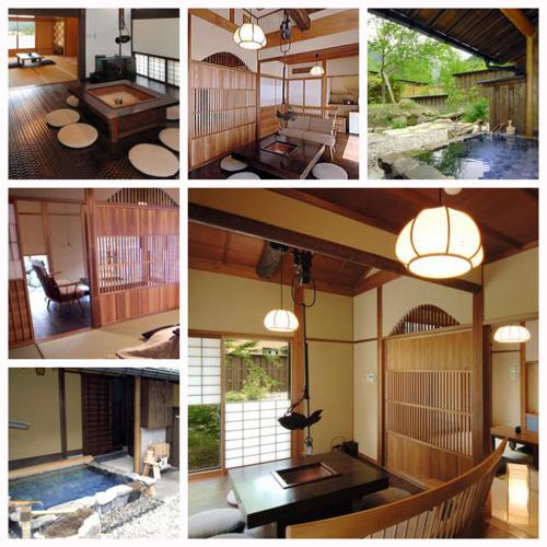 a collage of four pictures of a house at Katsuragi no Sato in Takayama