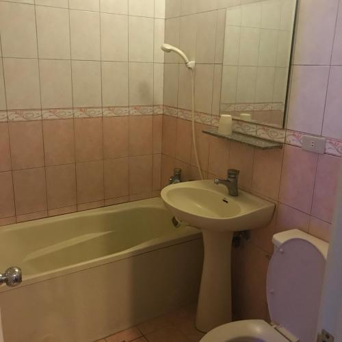 a bathroom with a sink and a toilet and a tub at Baseball Hotel in Hsinchu City
