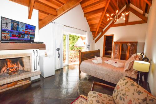 a living room with a fireplace and a tv at La Réserve Suites in Monte Verde