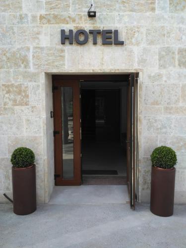 a hotel entrance with two potted plants in front of it at Hotel Puerta Ciudad Rodrigo in Ciudad-Rodrigo