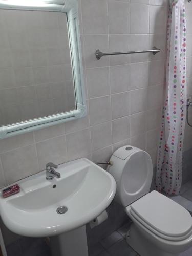 a bathroom with a sink and a toilet and a mirror at Calm Point Home in Volissos