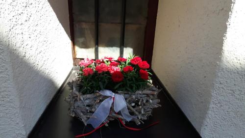 a flower box with red flowers on a window sill at Versigglhof in Appiano sulla Strada del Vino