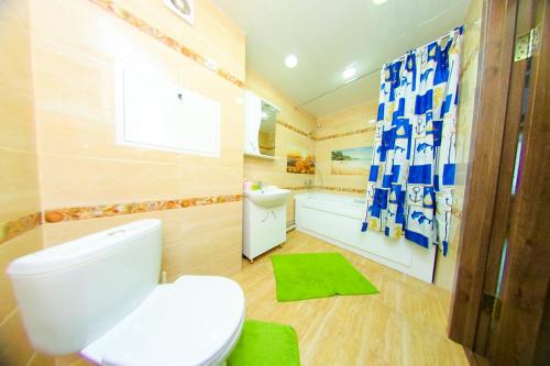 a bathroom with a white toilet and a green rug at ApartLux on Slavskogo 26 View River in Ustʼ-Kamenogorsk