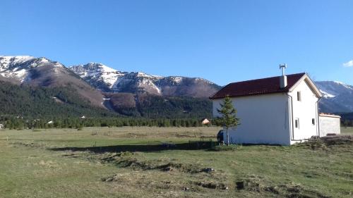 a white house in a field with mountains in the background at Vikendica Jela Blidinje in Rudo Polje