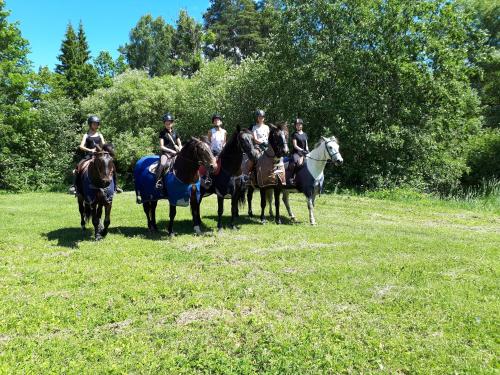 a group of people riding horses in a field at Pālena apartamenti in Tērvete