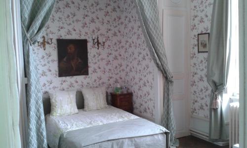 ein Schlafzimmer mit einem Himmelbett mit rosa Blumen in der Unterkunft Le Château de BRESSEY & son Orangerie in Bressey-sur-Tille