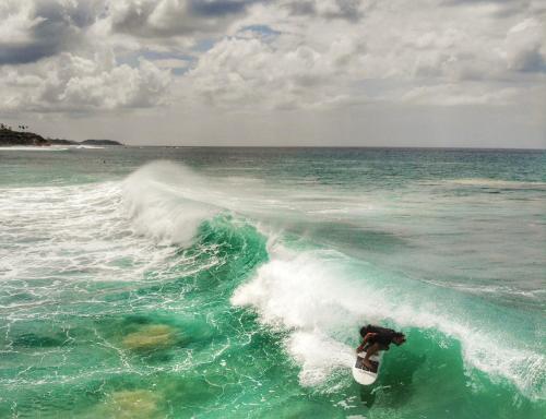 a man riding a wave on a surfboard in the ocean at Turtle Eco Beach in Matara