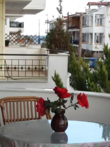 a vase with red roses sitting on a table at Green House in Néa Péramos