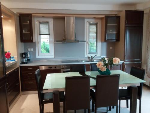 a kitchen with a table and chairs in a kitchen at Green House in Néa Péramos