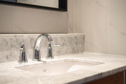 a kitchen sink with two faucets on a counter at Brown-Dot Hotel Shinho in Busan