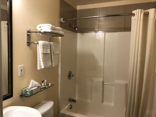 a bathroom with a shower and a toilet and a sink at Lamplighter Motel Clearlake in Clearlake